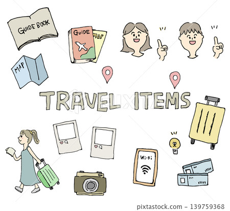 A set of hand-drawn, analog-style travel illustrations - monochrome line art. A set of hand-drawn, analog-style travel illustrations - monochrome line art. 139759368