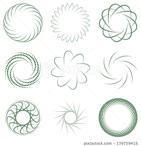 Abstract Dotted Circular Shapes Set, Geometric Halftone Spiral Elements Collection Abstract Dotted Circular Shapes Set, Geometric Halftone Spiral Elements Collection 139759418