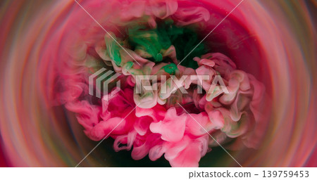 Defocused ink splash. Mist art. Blur pink green color glitter sparkling water round texture spreading on abstract acrylic background. 139759453