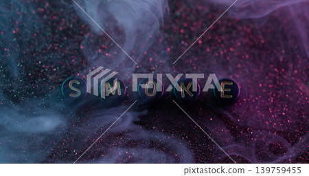 Smoke text. Mist fog. Defocused purple golden neon color steam glitter texture round glisten letters write on abstract bokeh background. 139759455