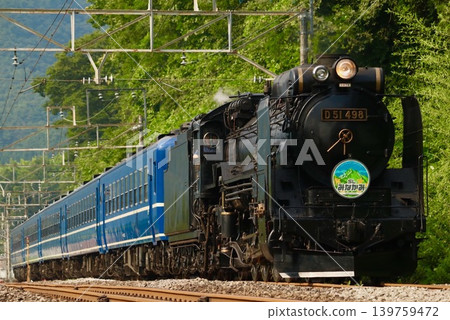 Steam locomotive D51-498 running through the fresh greenery. Steam locomotive D51-498 running through the fresh greenery. 139759472