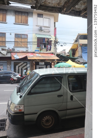 Urban Street Scene with Van and Buildings Urban Street Scene with Van and Buildings 139759492