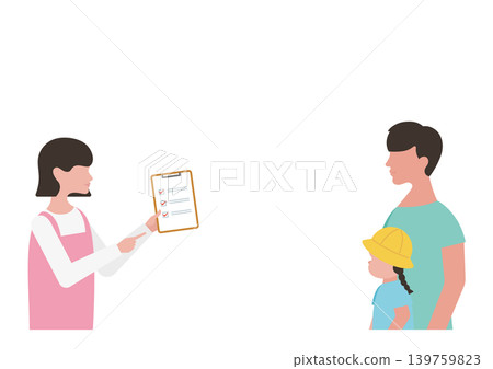 Vector illustration of a childcare worker explaining a checklist, a girl, and her father. Vector illustration of a childcare worker explaining a checklist, a girl, and her father. 139759823