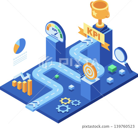 Isometric Business KPI Achievement Roadmap with Performance Metrics 139760523