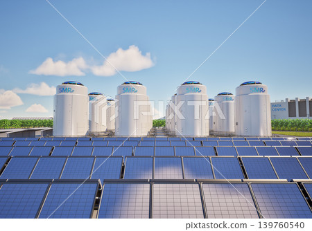Smr or small modular nuclear reactors power plant with solar panels for data center building Smr or small modular nuclear reactors power plant with solar panels for data center building 139760540