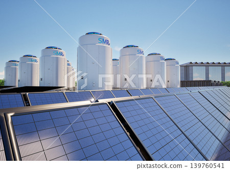 Smr or small modular nuclear reactors power plant with solar panels for data center building Smr or small modular nuclear reactors power plant with solar panels for data center building 139760541