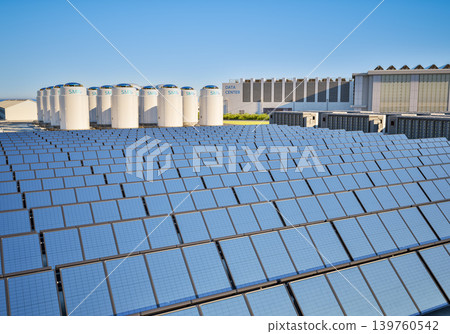 Smr or small modular nuclear reactors power plant with solar panels for data center building 139760542