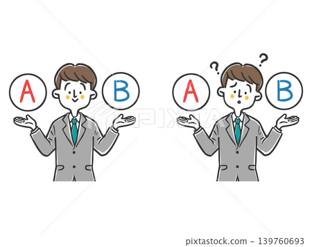 Choices A and B; a male office worker struggling to choose; upper body; vector Choices A and B; a male office worker struggling to choose; upper body; vector 139760693