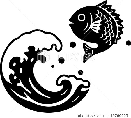 一幅簡單的海鯛和海浪的插圖，就像剪紙一樣。 139760905