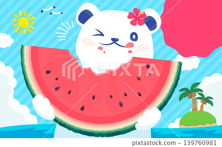 一幅畫面，描繪了一隻北極熊正在吃一個紅西瓜（橫向視角）。 139760981