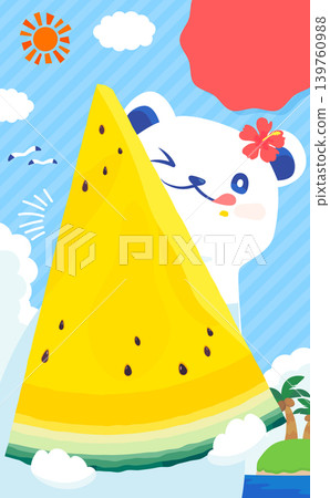 一幅畫面，描繪了一隻北極熊正在吃一個黃色的西瓜（垂直版）。 139760988