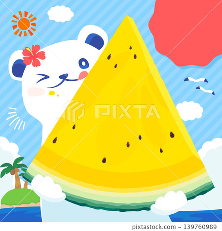 A frame featuring a polar bear eating a yellow watermelon - square. A frame featuring a polar bear eating a yellow watermelon - square. 139760989