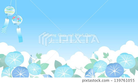 一幅清新夏日畫面,牽牛花盛開,風鈴在藍天下搖曳。藍色背景,橫向16:9寬高比。 一幅清新夏日畫面,牽牛花盛開,風鈴在藍天下搖曳。藍色背景,橫向16:9寬高比。 139761055