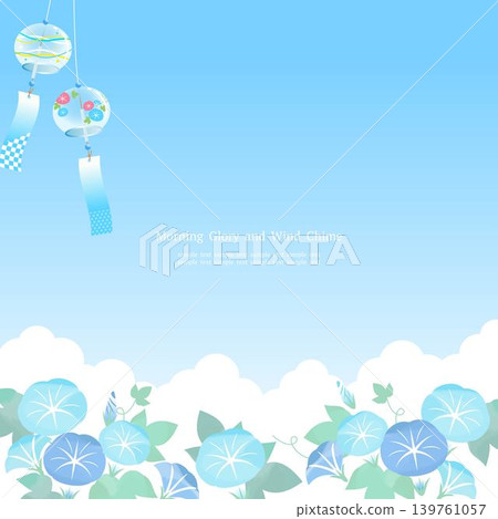 A refreshing summer frame featuring morning glories and wind chimes swaying in the blue sky. (Blue background, square) 139761057