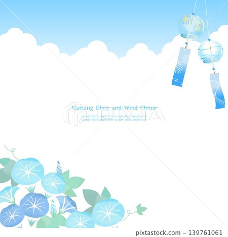 A refreshing summer frame featuring morning glories and wind chimes swaying in the blue sky, on a white background (square). A refreshing summer frame featuring morning glories and wind chimes swaying in the blue sky, on a white background (square). 139761061