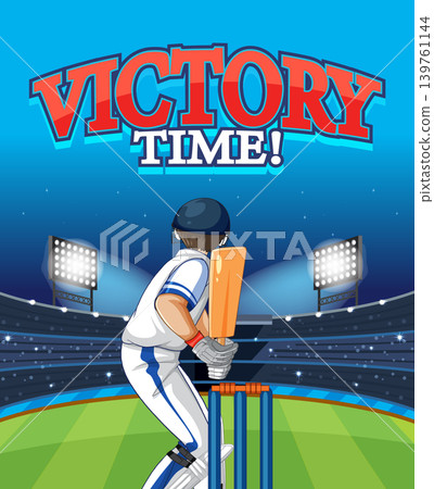 Cricket Batsman Ready for Victory in a Floodlit Stadium Illustration Cricket Batsman Ready for Victory in a Floodlit Stadium Illustration 139761144