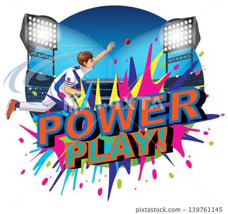Dynamic Cricket Player Reaching for Ball with Power Play Typography Dynamic Cricket Player Reaching for Ball with Power Play Typography 139761145