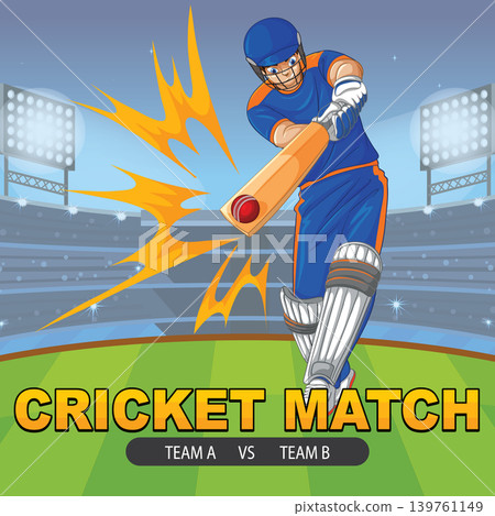 Cricket Batsman Hitting a Powerful Shot in a Packed Stadium 139761149