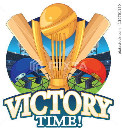 Golden Cricket Championship Trophy with Bats and Helmets in a Stadium Golden Cricket Championship Trophy with Bats and Helmets in a Stadium 139761150