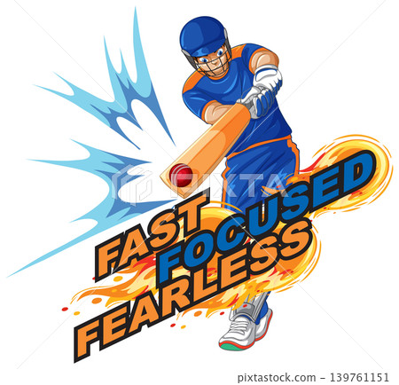 Cricket Batsman Hitting Ball with Fast Focused Fearless Text Graphic 139761151