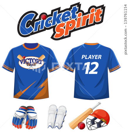Blue and Orange Cricket Jersey Design with Protective Sports Equipment Blue and Orange Cricket Jersey Design with Protective Sports Equipment 139761154