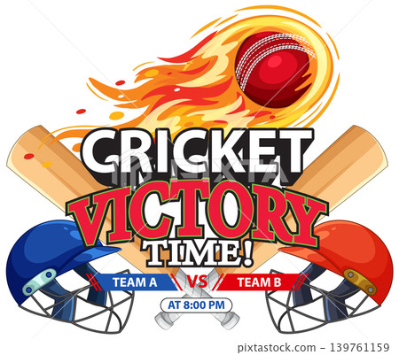 Cricket Victory Time Vector Illustration with Flaming Ball and Bats 139761159