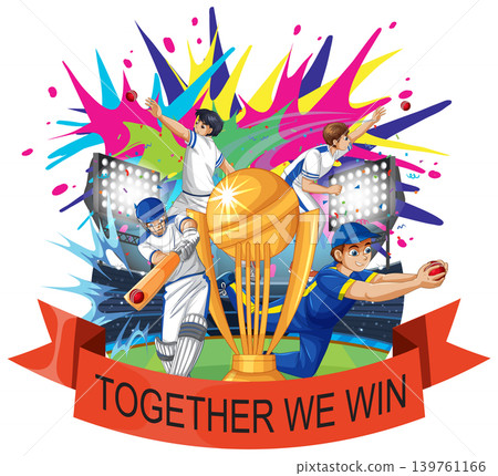 Dynamic Cricket Challenge Illustration with Players and a Large Golden Championship Trophy Dynamic Cricket Challenge Illustration with Players and a Large Golden Championship Trophy 139761166
