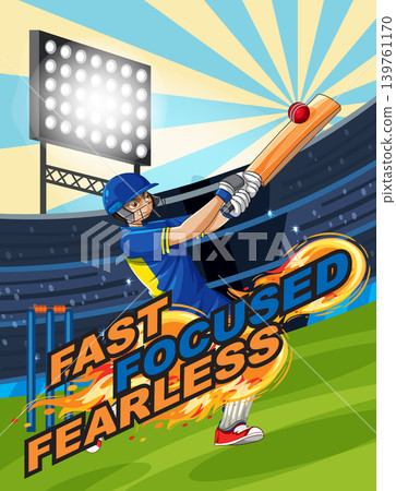 Cricket Batsman Hitting Ball in Stadium with Motivational Text Poster 139761170