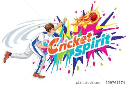 Dynamic Cricket Spirit Vector Illustration with Bowler and Flaming Ball 139761174