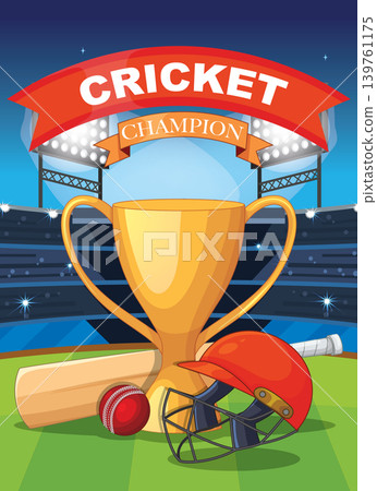 Cricket Championship Poster with Golden Trophy and Sports Equipment in Stadium Cricket Championship Poster with Golden Trophy and Sports Equipment in Stadium 139761175
