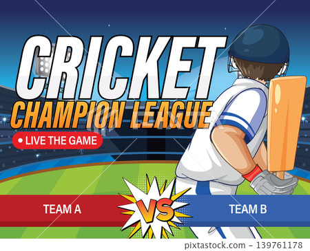 Cricket Champion League Tournament Banner with Batsman in Stadium Background Cricket Champion League Tournament Banner with Batsman in Stadium Background 139761178
