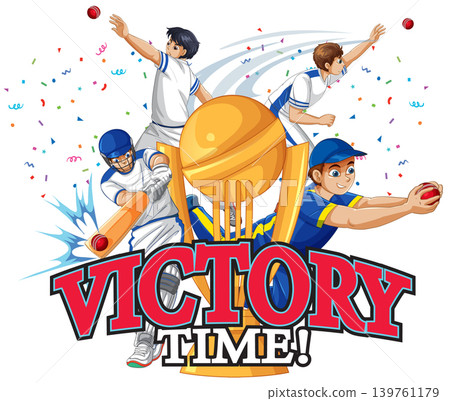 Cricket Victory Time Illustration with Players and Golden Trophy 139761179