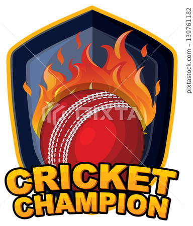 Flaming Cricket Ball Sports Emblem with Cricket Champion Text 139761182