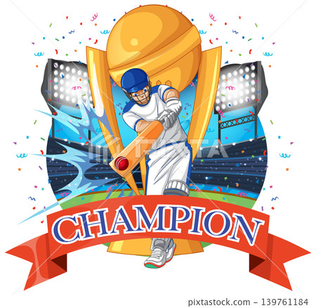 Professional Cricket Batsman Hitting Ball with Gold Trophy and Champion Banner Professional Cricket Batsman Hitting Ball with Gold Trophy and Champion Banner 139761184