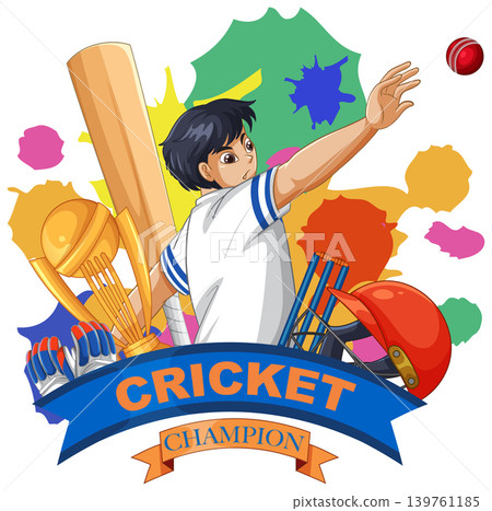Cricket Champion Vector Illustration with Player and Sports Equipment 139761185
