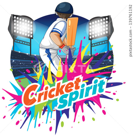 Cricket Player Batting in Stadium with Colorful Paint Splatter Background 139761192
