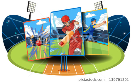 Cricket Match Vector Illustration with Batting Bowling and Fielding Cards Cricket Match Vector Illustration with Batting Bowling and Fielding Cards 139761201