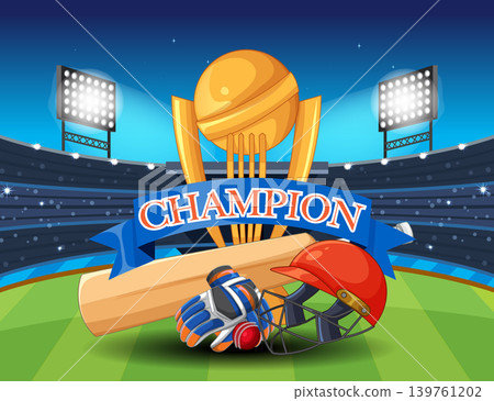 Cricket Championship Trophy and Equipment in a Brightly Lit Stadium Cricket Championship Trophy and Equipment in a Brightly Lit Stadium 139761202