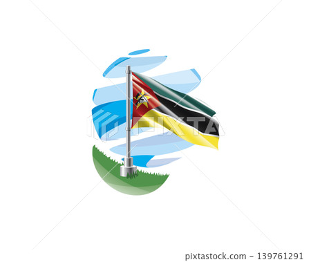 Mozambique flag on a green lawn against a background of blue abstract sky 139761291