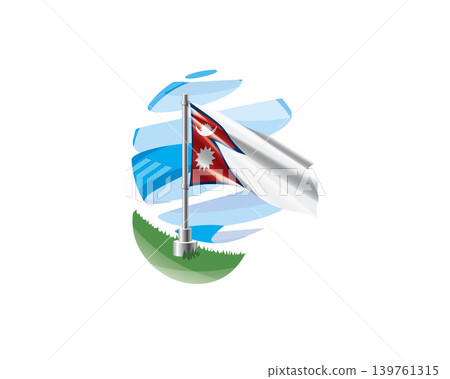 Nepal flag on a green lawn against a background of blue abstract sky 139761315