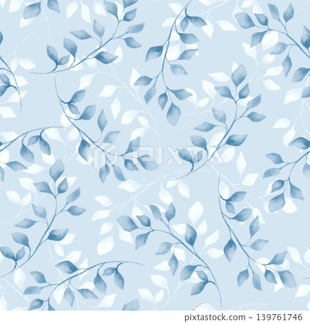 Beautiful hand drawn seamless pattern with soft blue and white leafy branches. Elegant botanical background for textile, fabric, wrapping paper, wallpaper, or nursery decor. 139761746