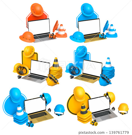 Laptops with blank screens surrounded by construction helmets, cones and warning signs on white background with clipping path Laptops with blank screens surrounded by construction helmets, cones and warning signs on white background with clipping path 139761779