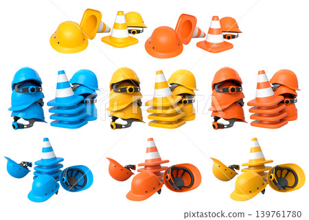 Stack of construction helmets and traffic cones isolated white background with clipping path, representing safety equipment 139761780