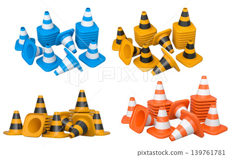 Construction hard hats, traffic cones, and road signs isolated on white background with clipping path, concept of safety gear Construction hard hats, traffic cones, and road signs isolated on white background with clipping path, concept of safety gear 139761781