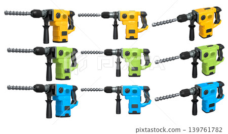 Set of electric rotary hammers with side handles and drill bits, isolated on white transparent background, concept of power tools Set of electric rotary hammers with side handles and drill bits, isolated on white transparent background, concept of power tools 139761782