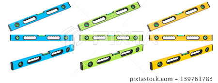 Set of bubble spirit levels with black handles on white background with clipping path, representing construction tools Set of bubble spirit levels with black handles on white background with clipping path, representing construction tools 139761783