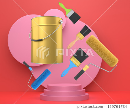 Brushes, paint bucket and roller brush floating in air over podium on abstract background, renovation and construction tools 139761784