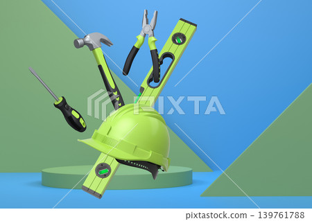 Construction tools and safety equipment floating over podium on abstract background, industrial work and protection concept Construction tools and safety equipment floating over podium on abstract background, industrial work and protection concept 139761788