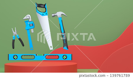 Colorful saw, hammer, and wrench floating in mid-air above white pedestal or podium, concept of construction and repair Colorful saw, hammer, and wrench floating in mid-air above white pedestal or podium, concept of construction and repair 139761789