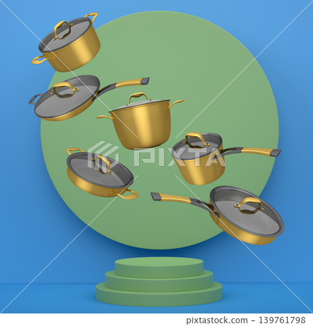 Set of kitchen cookware set with lids floating in midair, over colorfull podium and backdrop, concept of premium utensils Set of kitchen cookware set with lids floating in midair, over colorfull podium and backdrop, concept of premium utensils 139761798